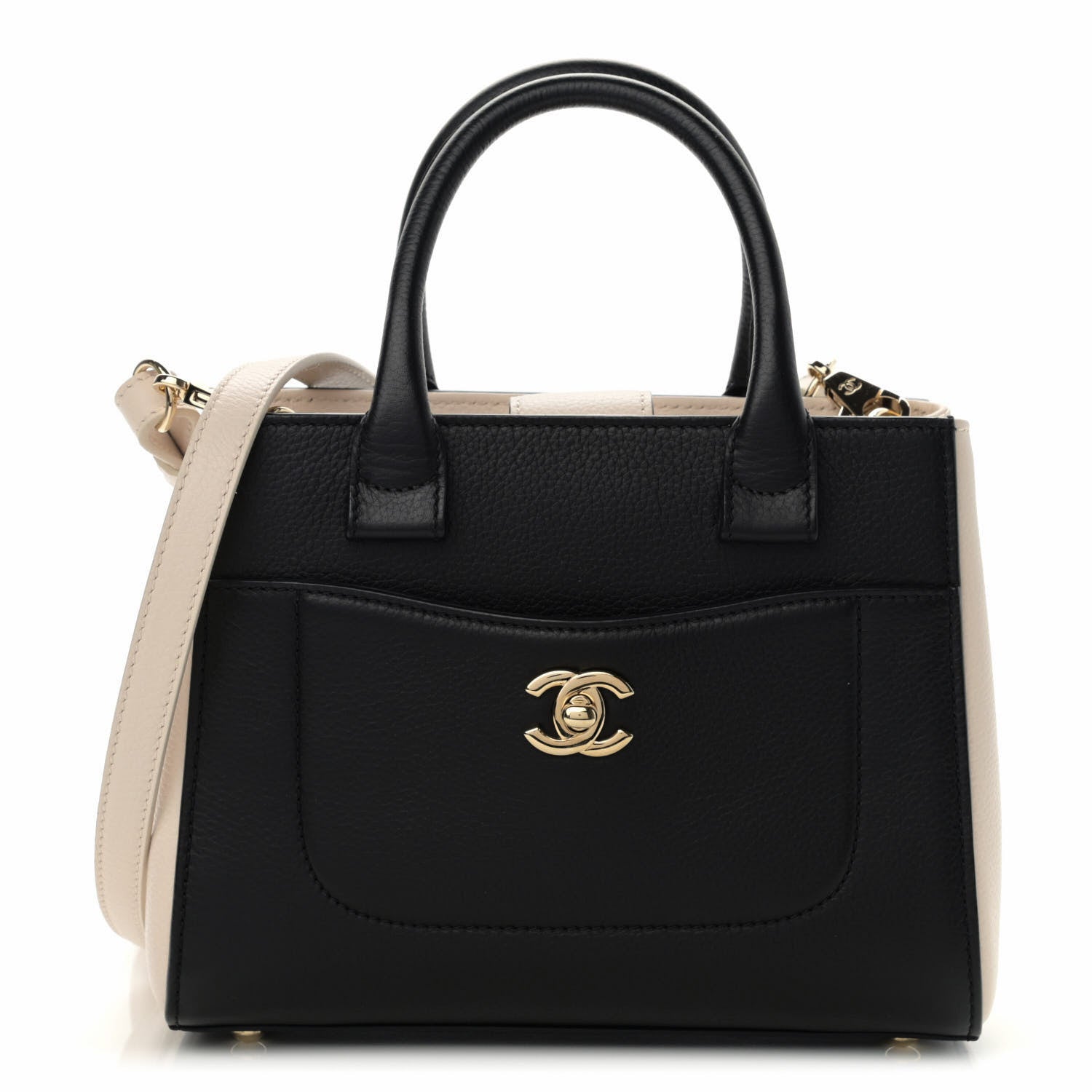 Chanel Grained Calfskin Mini Bi-Color Neo Executive Shopper Tote Black Beige 1 of 12