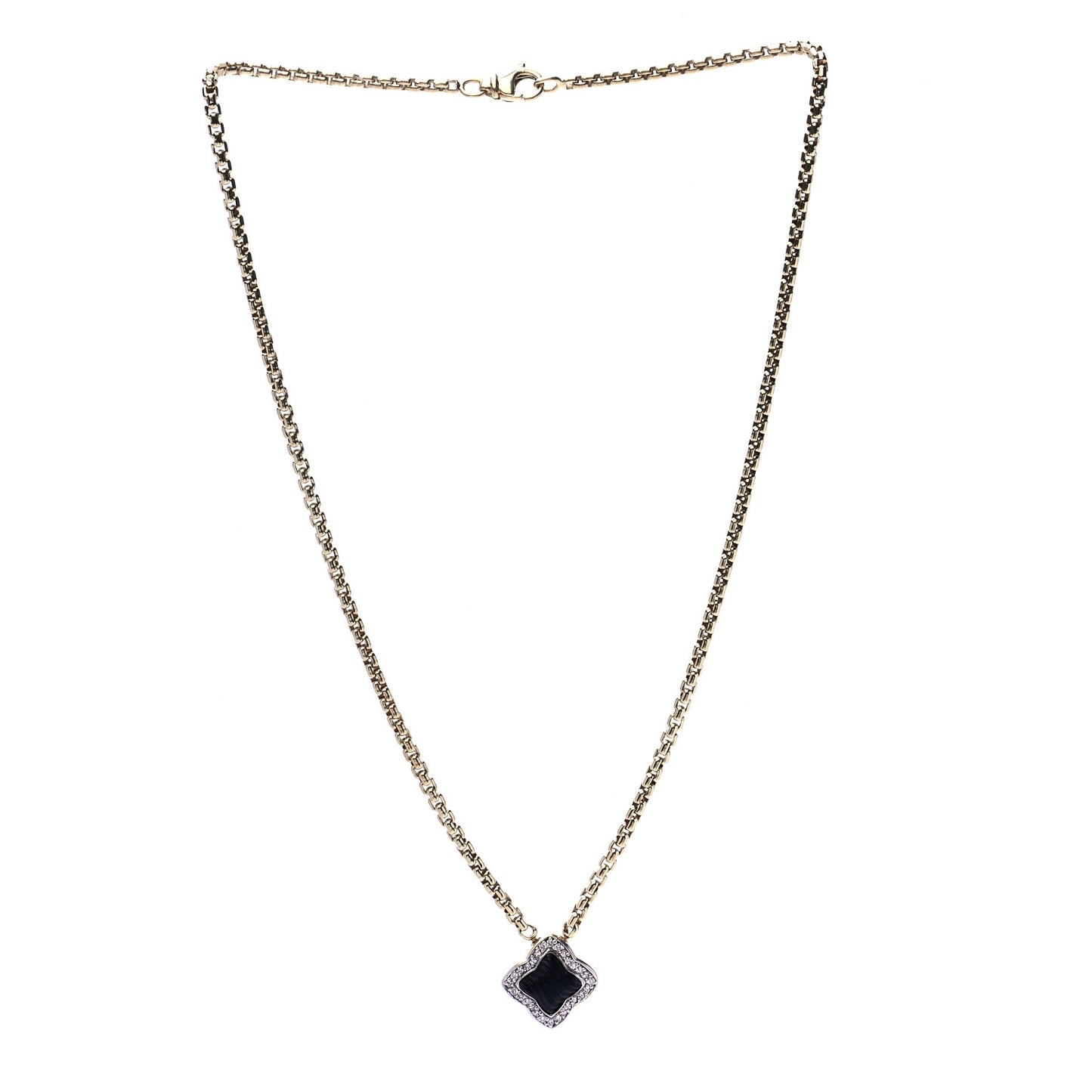 18K Yellow Gold Diamond Black Onyx Carved Quatrefoil Necklace