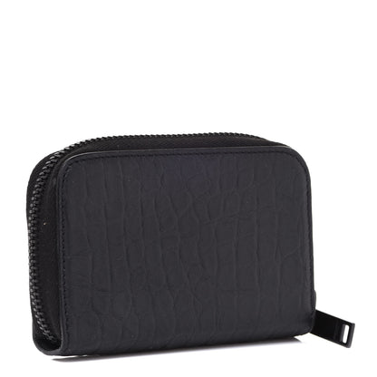 Saint Laurent Calfskin Crocodile Embossed Monogram Zip Coin Purse Black 3 of 7