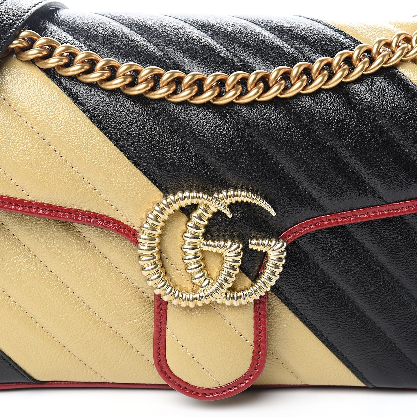 Vintage Effect Calfskin Matelasse Diagonal Striped Small Torchon GG Marmont Shoulder Bag Black Beige