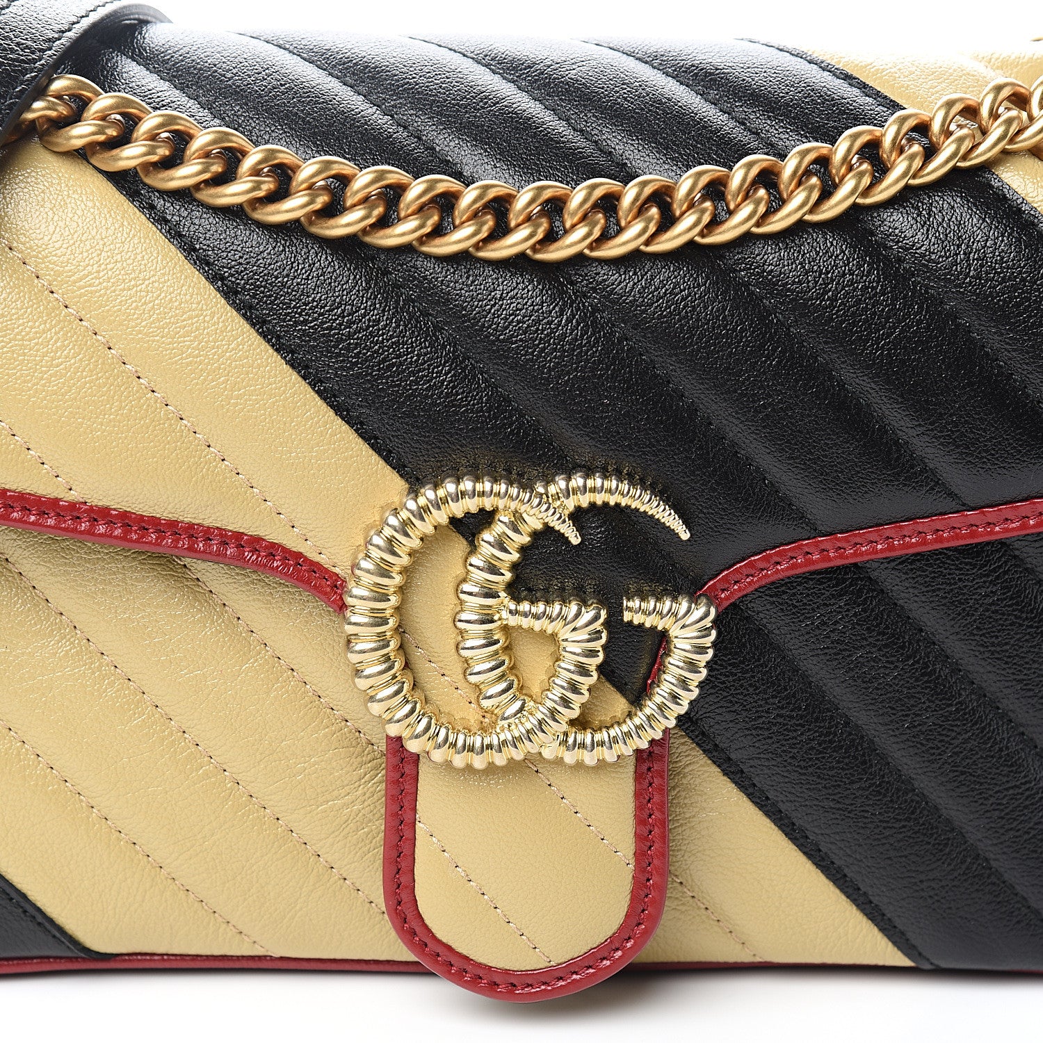 Gucci Vintage Effect Calfskin Matelasse Diagonal Striped Small Torchon GG Marmont Shoulder Bag Black Beige 9 of 9