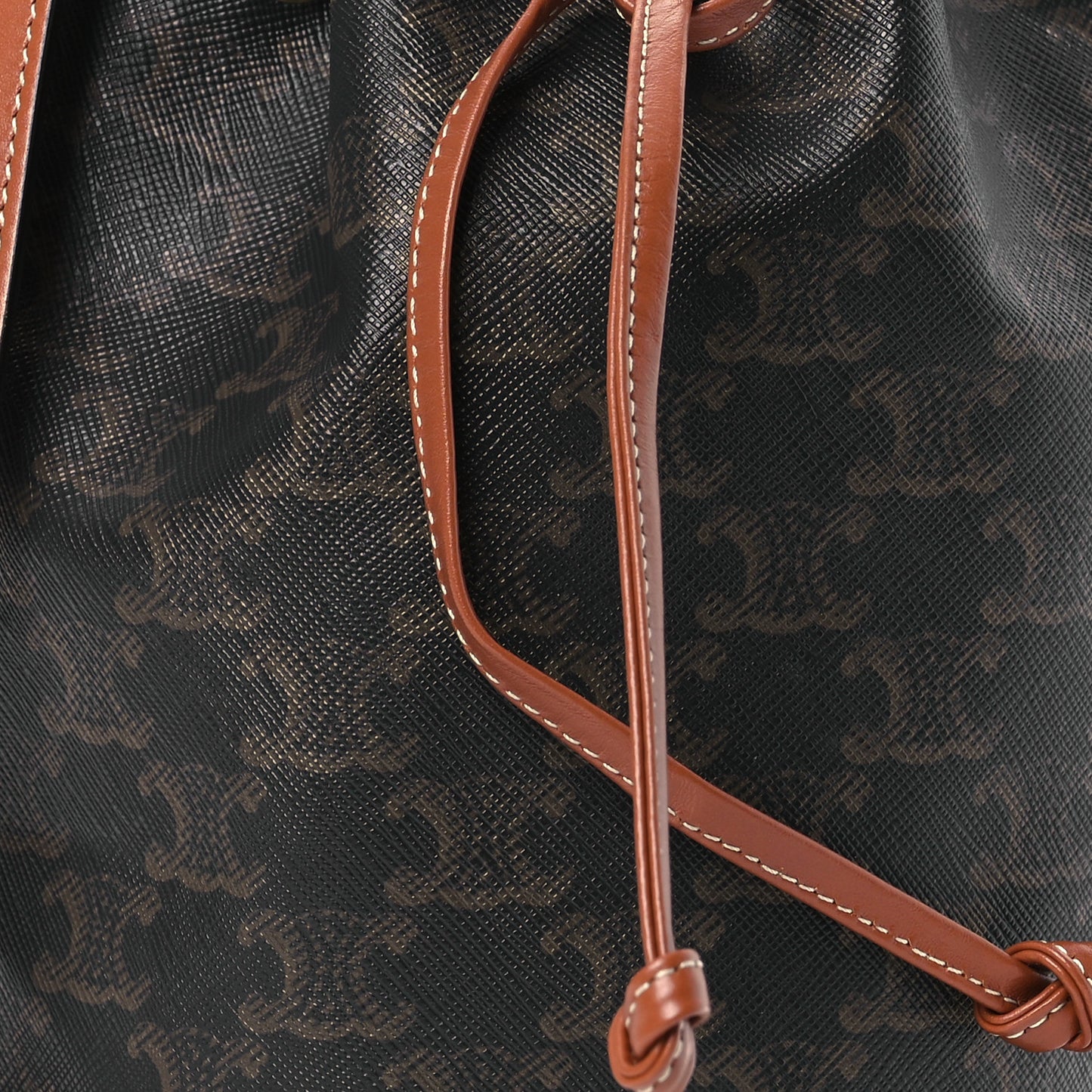 Triomphe Canvas Calfskin Small Drawstring Bucket Bag Tan