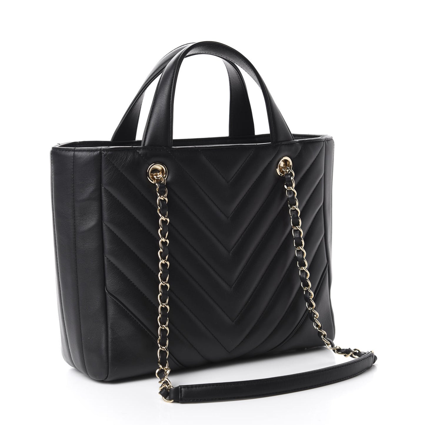 Calfskin Chevron Quilted Statement Shopping Tote Black
