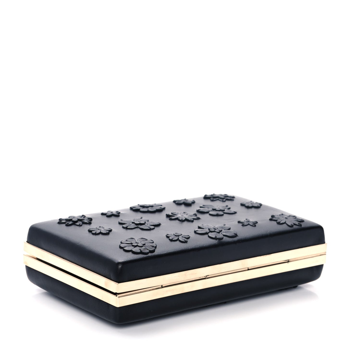 Nappa Floral Applique Minaudiere Clutch Black