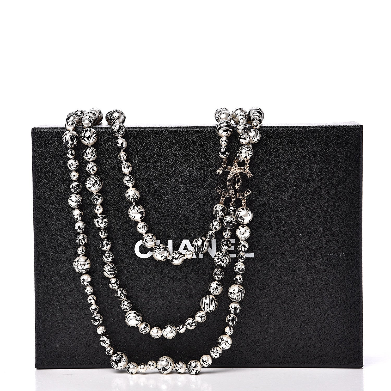 Chanel Pearl CC Graffiti 3 Strand Long Necklace Black Gold 5 of 5