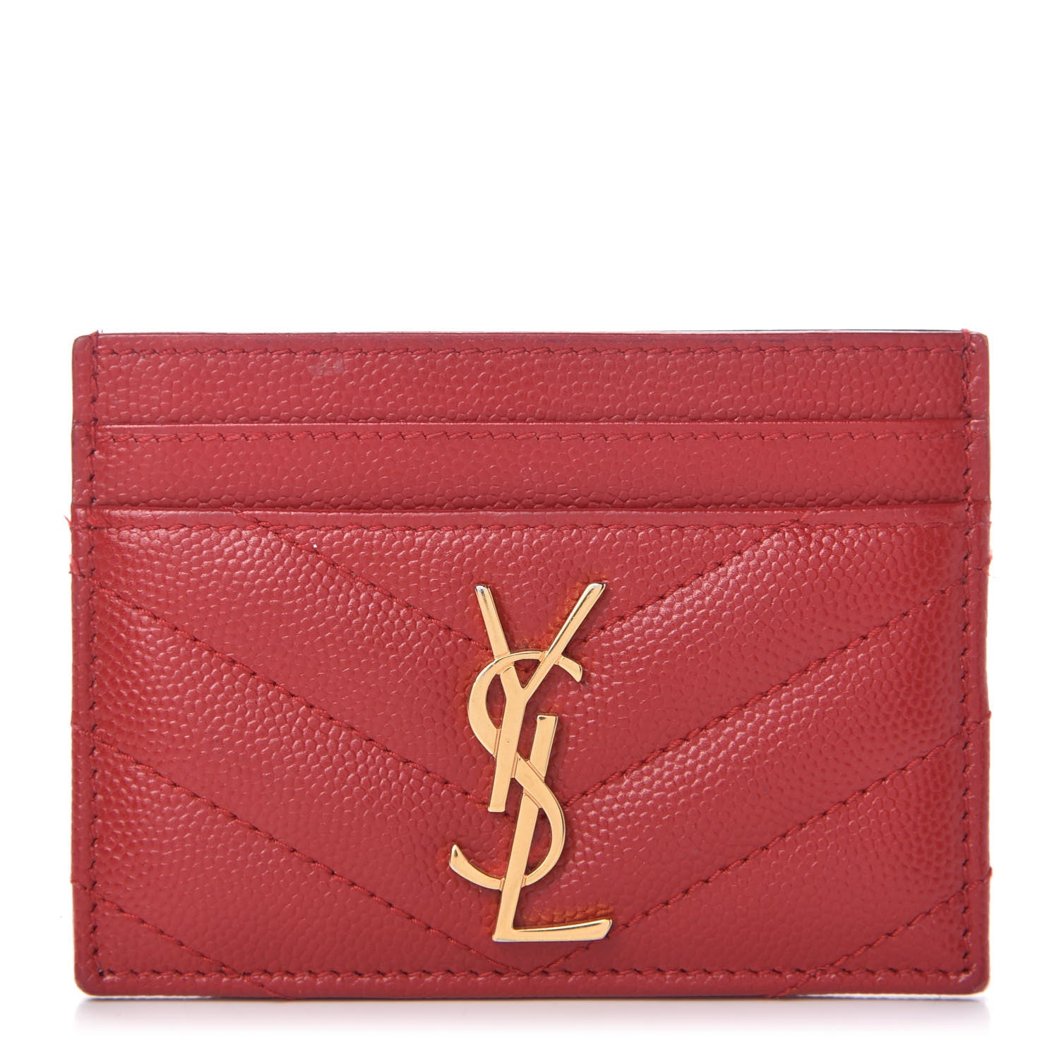 Saint Laurent Grain De Poudre Matelasse Chevron Monogram Credit Card Case New Red 1 of 7