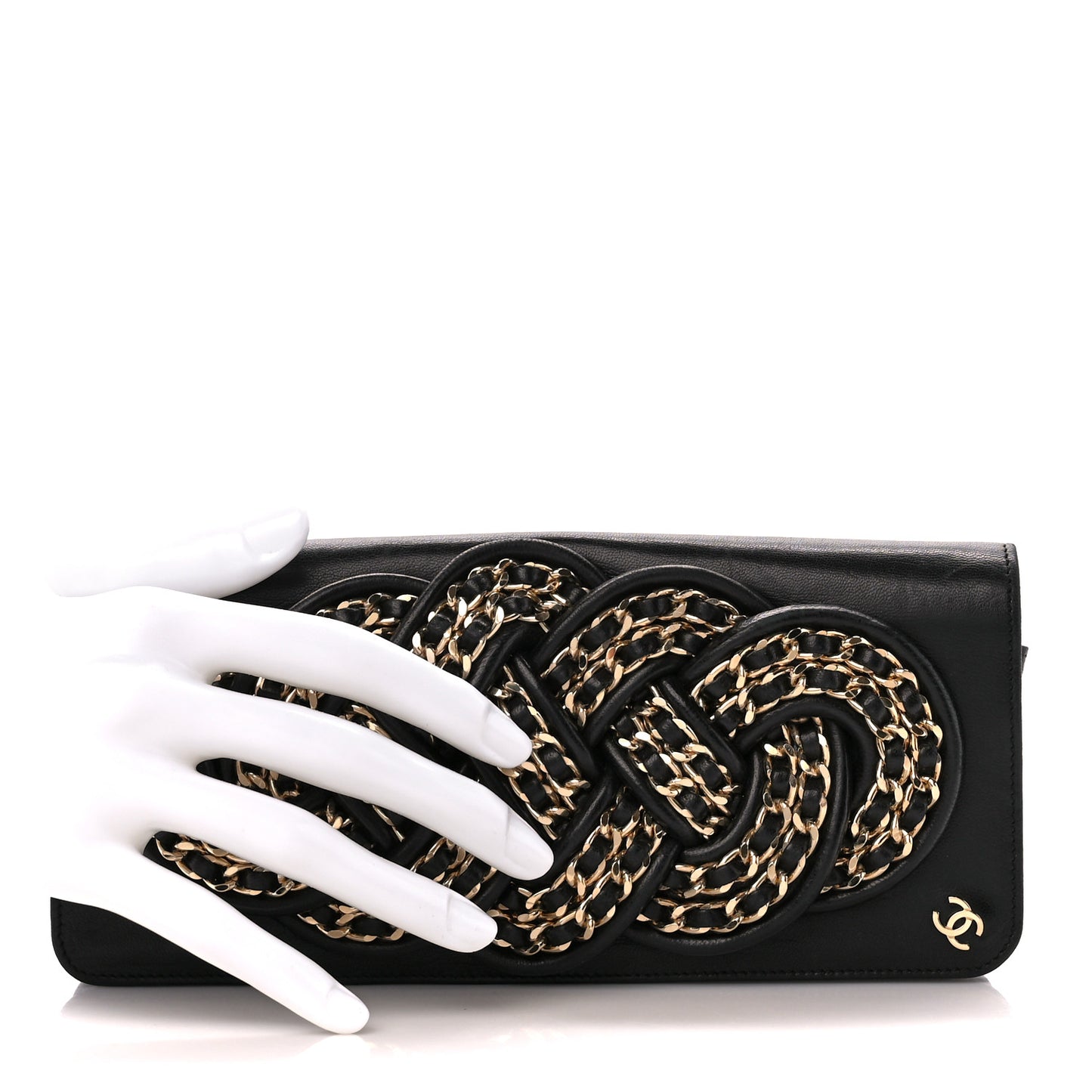 Lambskin Gold Chain Knot Clutch Black