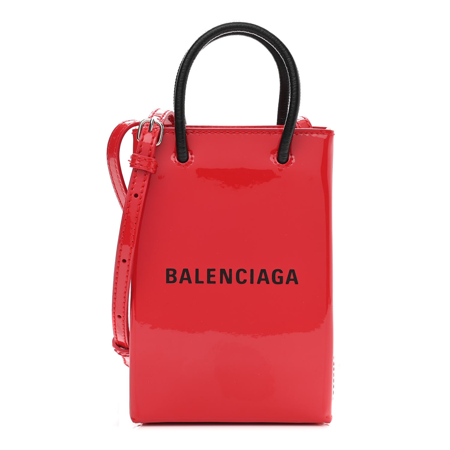 Balenciaga Patent Calfskin Logo Shopping Phone Holder Bag Bright Red 1 of 10