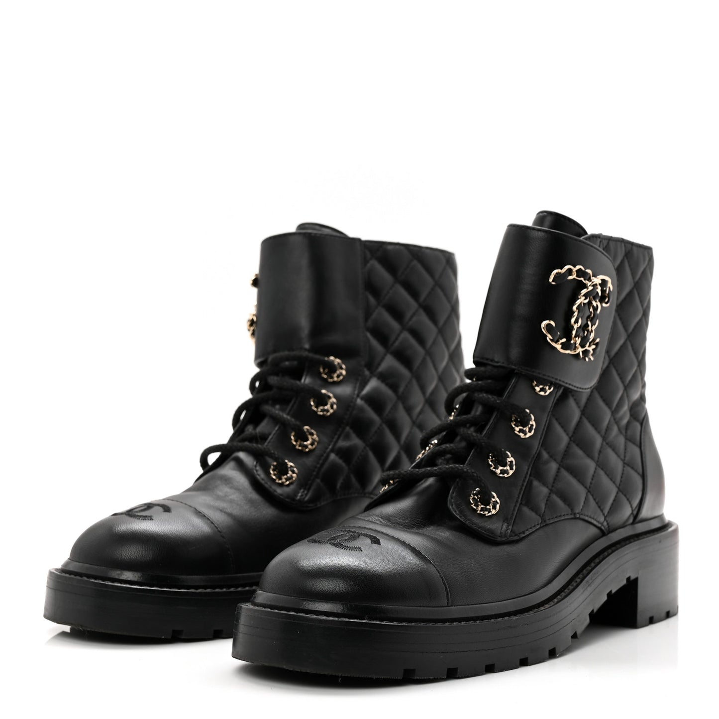 Shiny Lambskin Quilted Lace Up Combat Boots 38.5 Black
