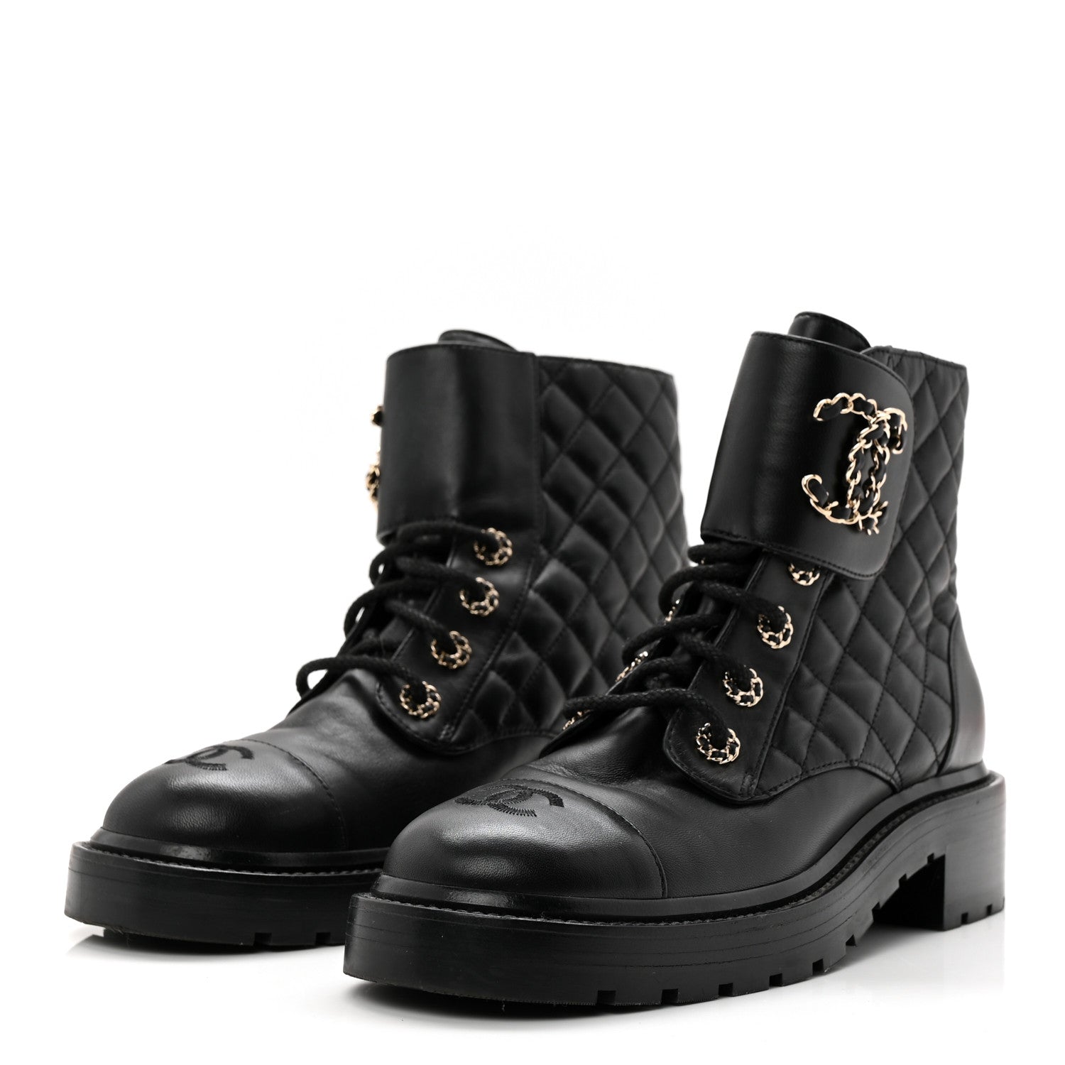 Chanel Shiny Lambskin Quilted Lace Up Combat Boots 38.5 Black 3 of 9