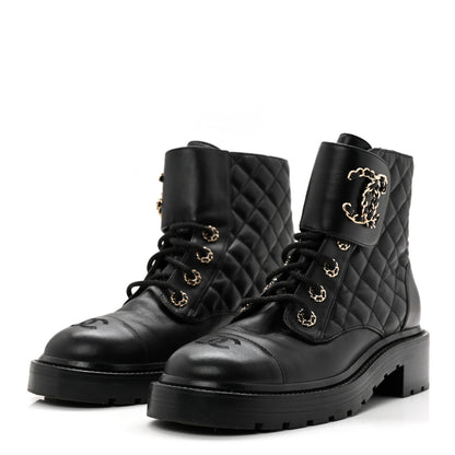 Chanel Shiny Lambskin Quilted Lace Up Combat Boots 38.5 Black 3 of 9
