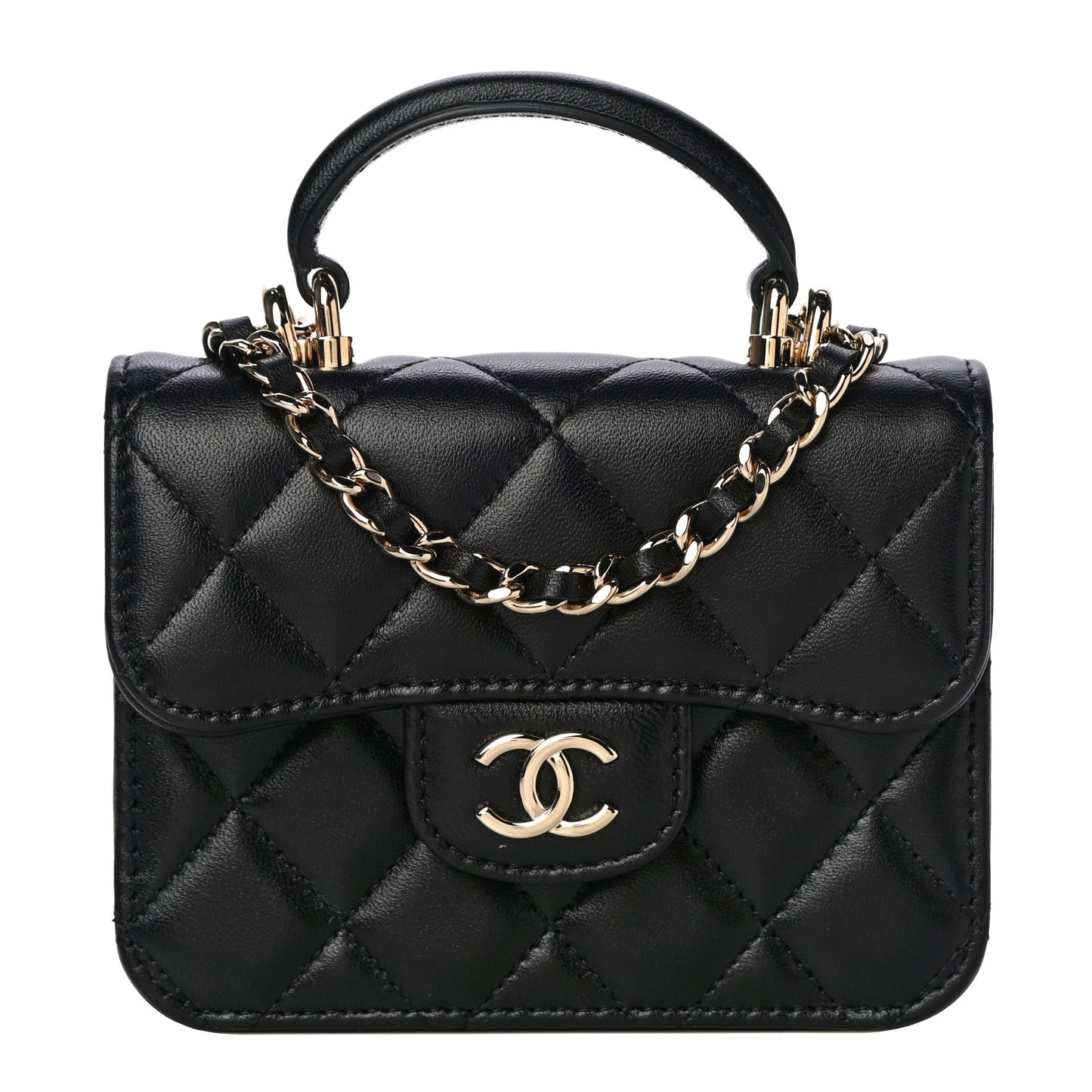 Lambskin Quilted Top Handle Flap Coin Purse With Chain Black