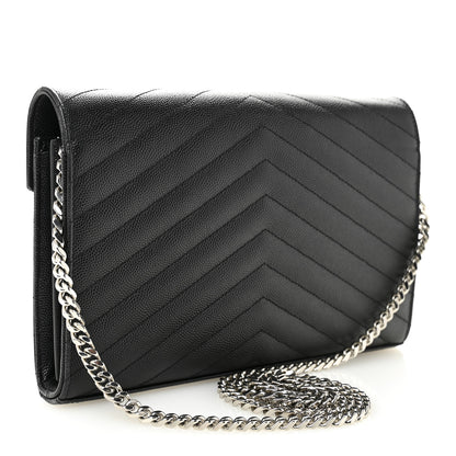 Saint Laurent Grain De Poudre Matelasse Chevron Monogram Chain Wallet Black 3 of 9