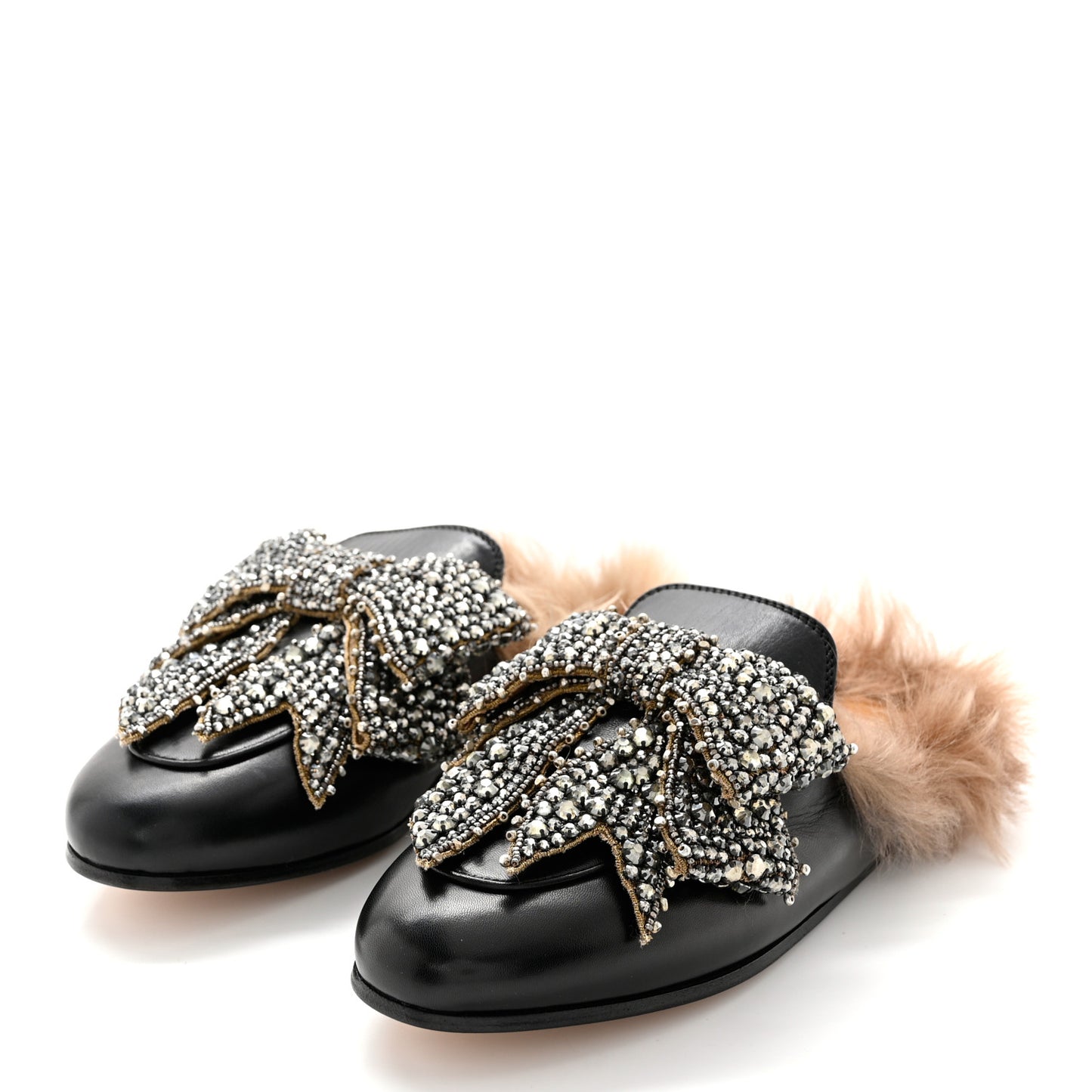Malaga Kid Fur Crystal Bow Embroidered Womens Princetown Slippers 35 Black