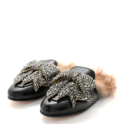 Gucci Malaga Kid Fur Crystal Bow Embroidered Womens Princetown Slippers 35 Black 3 of 11
