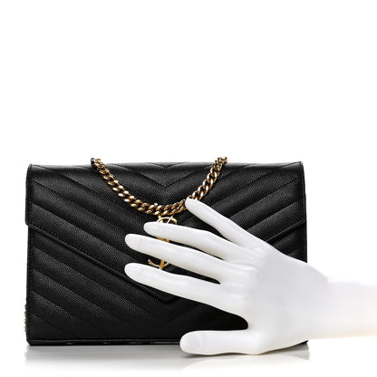 Saint Laurent Grain De Poudre Matelasse Chevron Monogram Chain Wallet Black 9 of 11