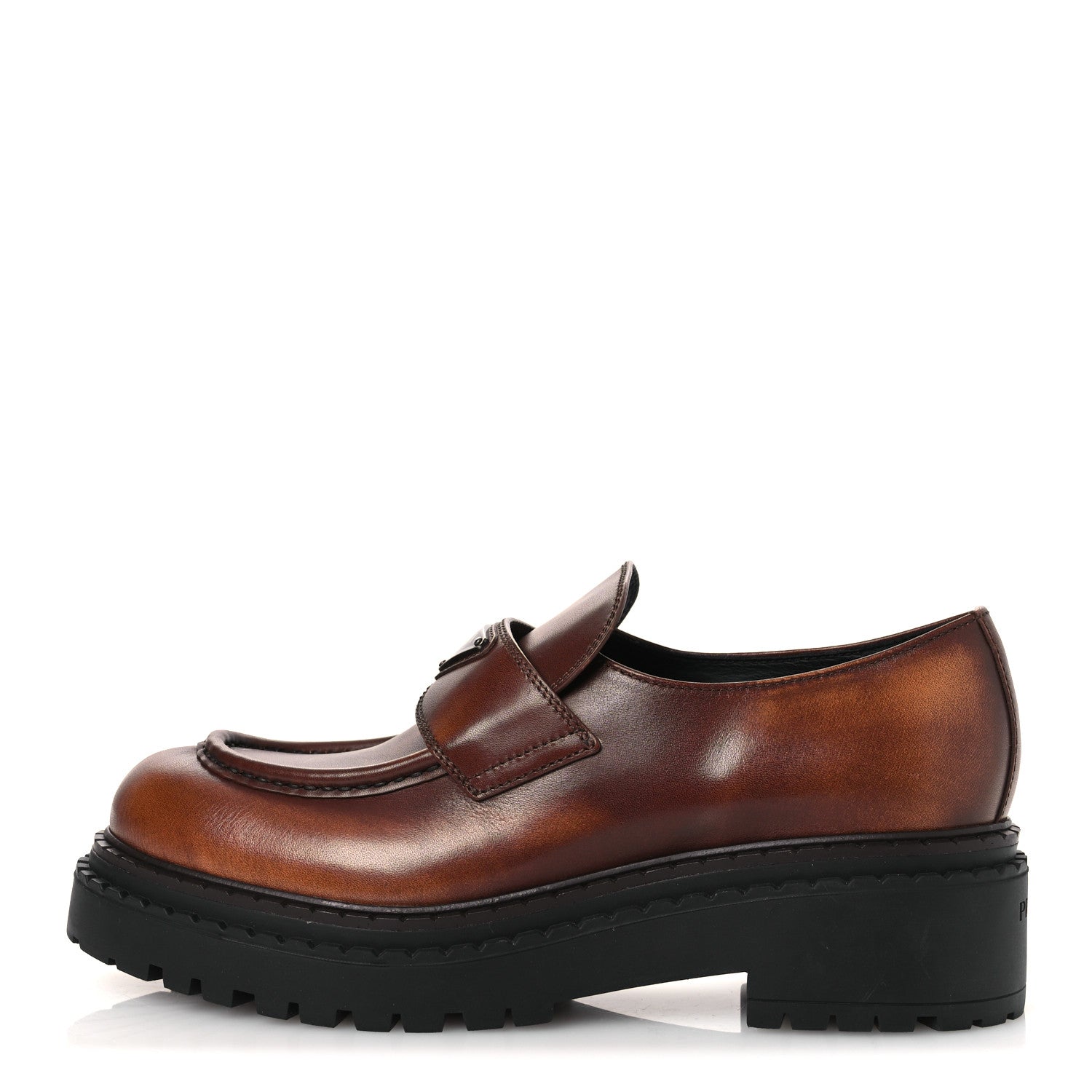 Prada Vitello Fume Metal Triangle Logo 50mm Loafers 40.5 Cognac 1 of 11