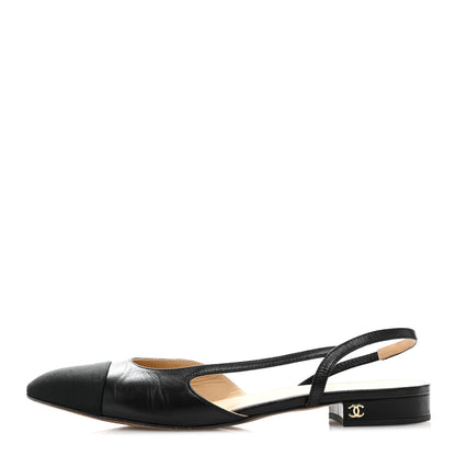 Chanel Goatskin Grosgrain Cap Toe CC Slingback Flats 39.5 Black 1 of 14