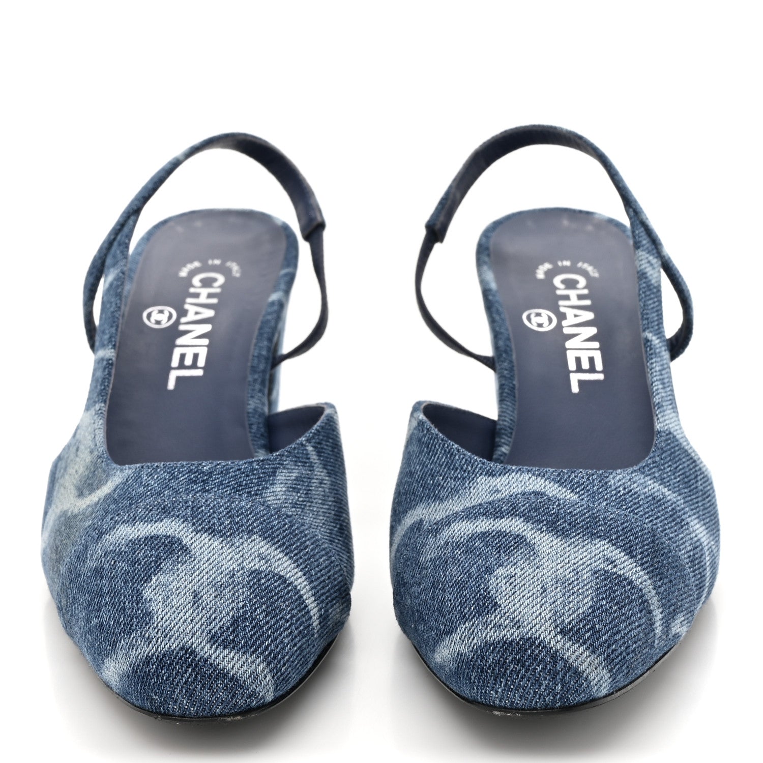 Chanel Printed Denim Cap Toe CC Slingback Pumps 38.5 Dark Blue White 2 of 8