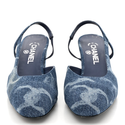 Chanel Printed Denim Cap Toe CC Slingback Pumps 38.5 Dark Blue White 2 of 8