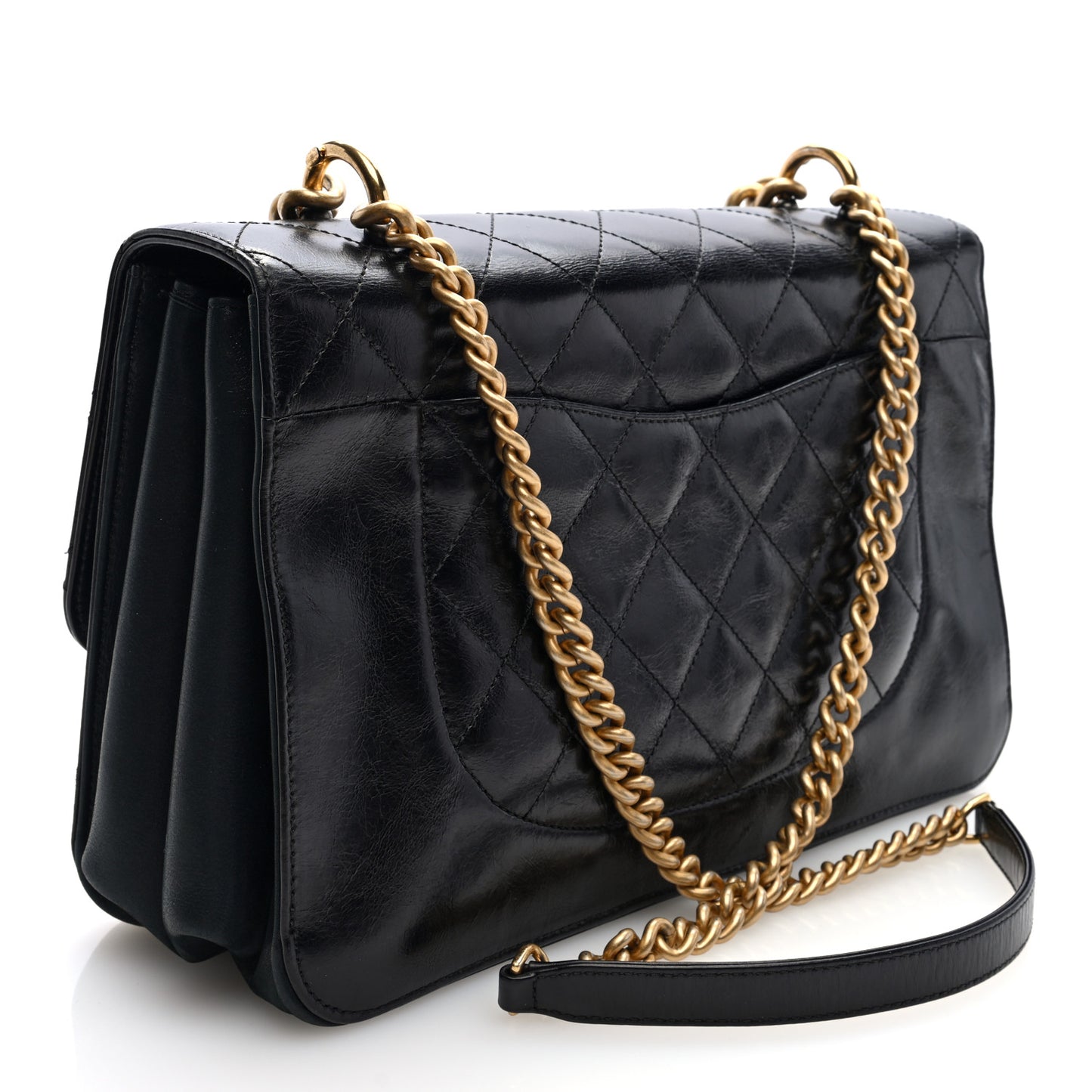 Iridescent Calfskin Quilted Straight Lined Flap Black