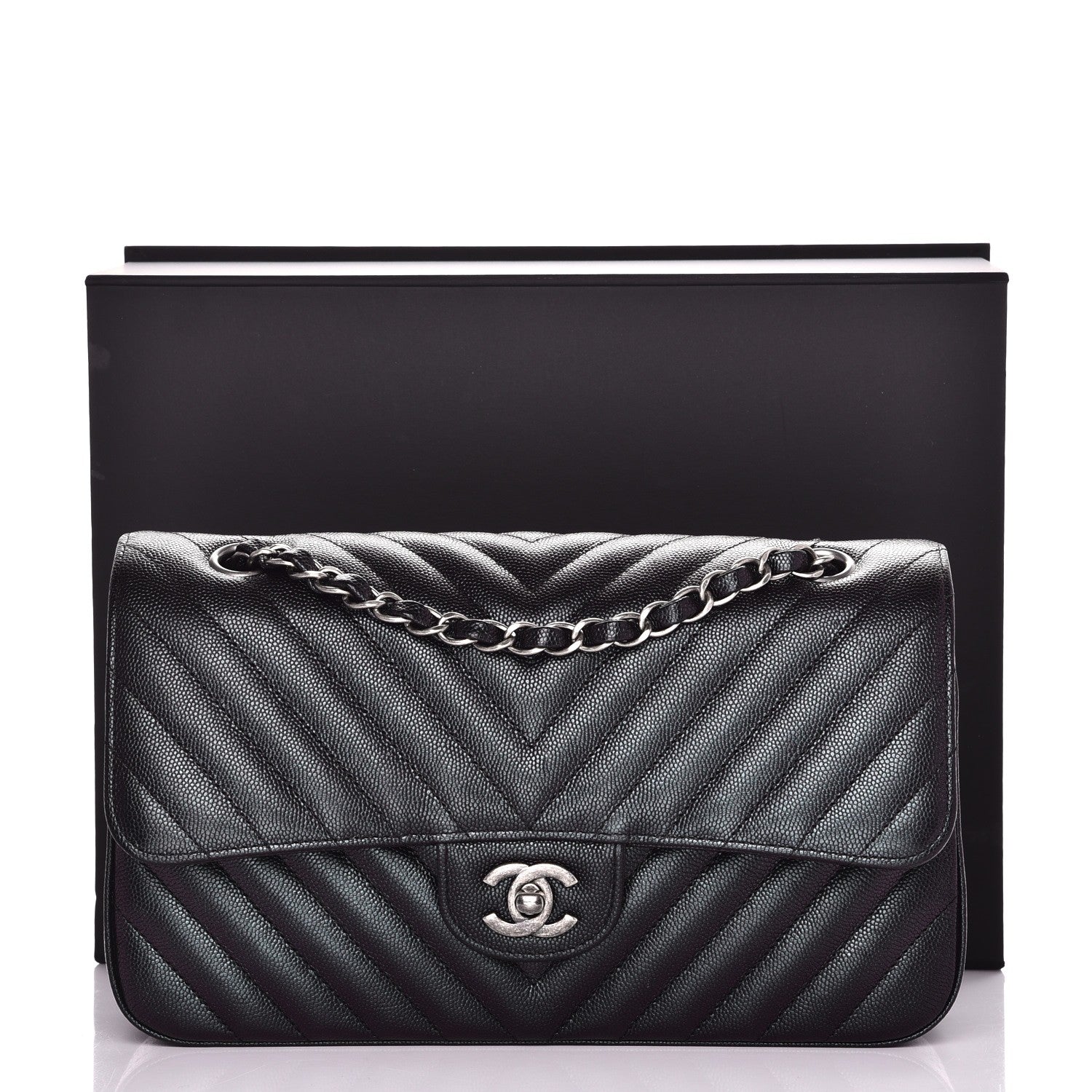 Chanel Iridescent Caviar Chevron Quilted Medium Double Flap Black 9 of 9