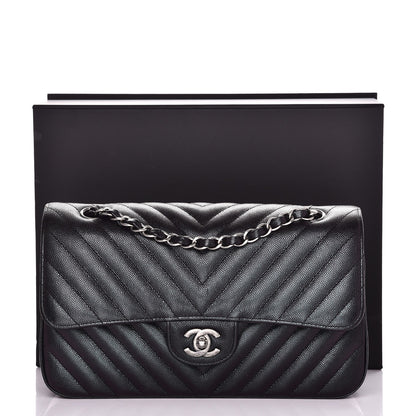 Chanel Iridescent Caviar Chevron Quilted Medium Double Flap Black 9 of 9