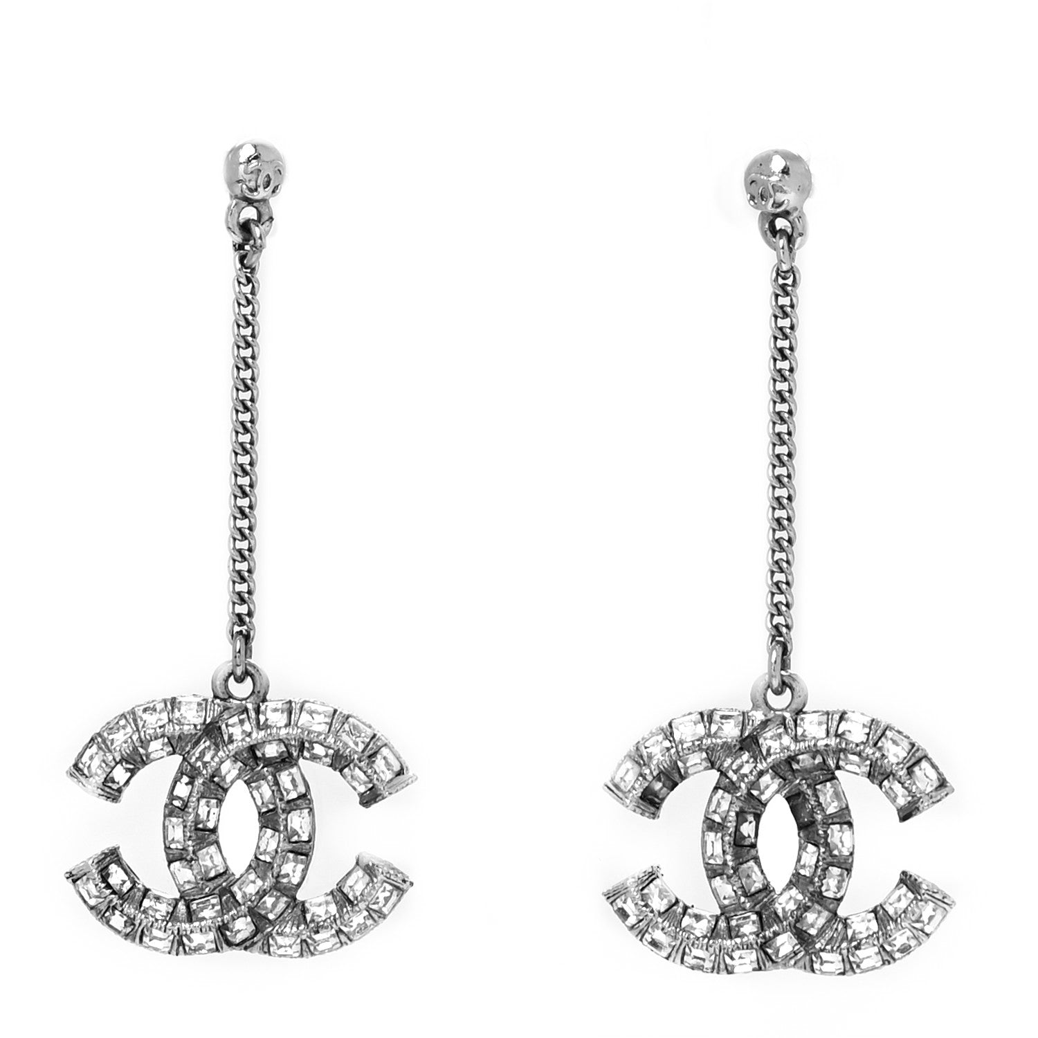 Chanel Baguette Crystal CC Drop Earrings Silver 1 of 3