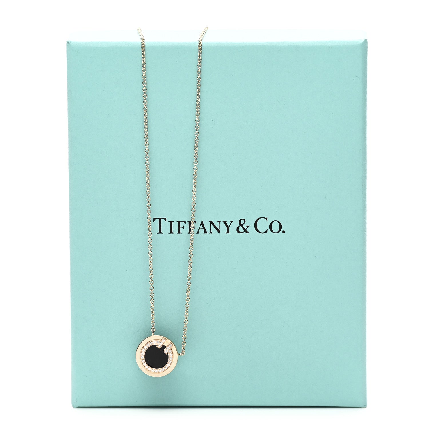 Tiffany 18K Rose Gold Diamond Black Onyx Small T Circle Pendant Necklace 6 of 6