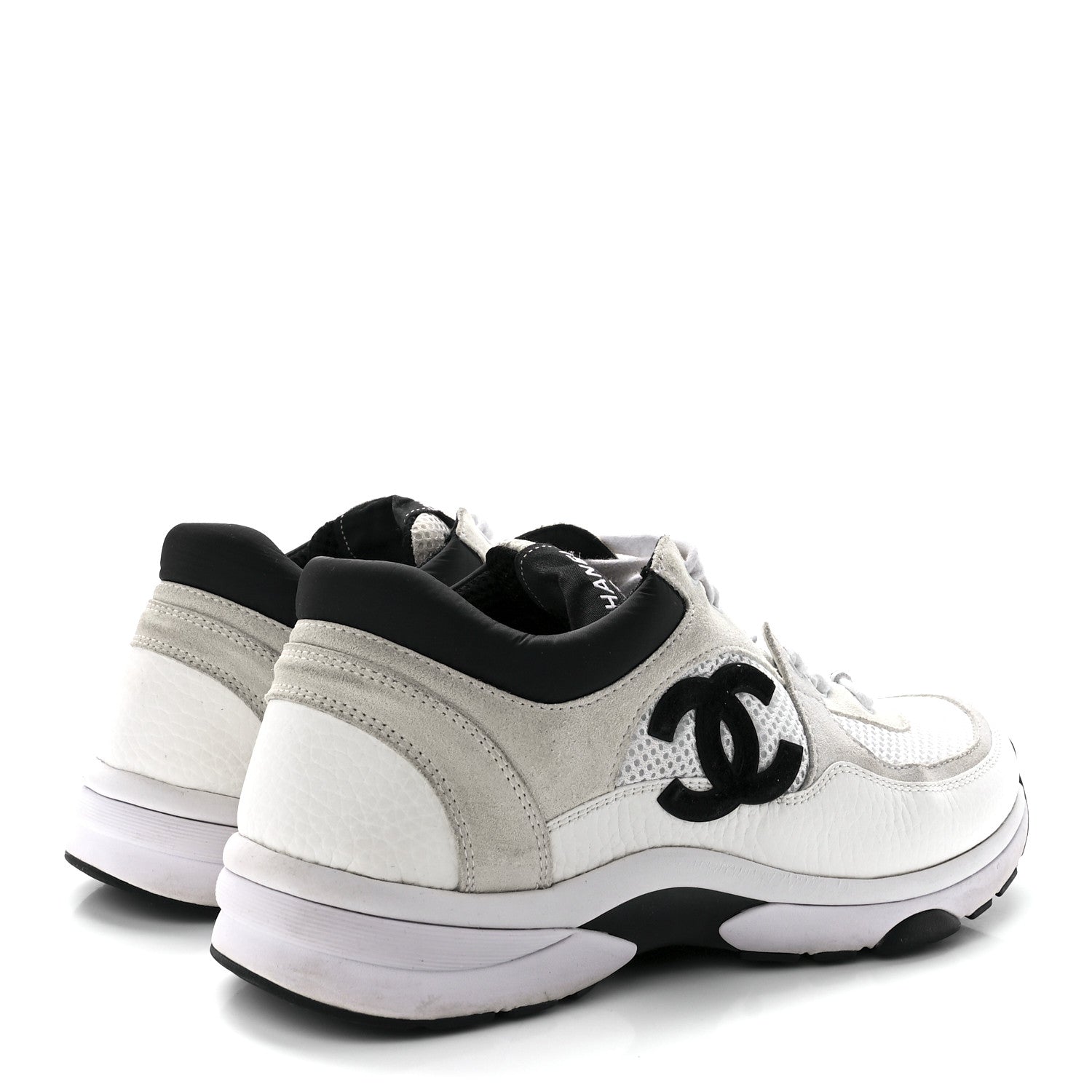 Chanel Mesh Suede Calfskin Grained Calfskin Womens CC Sneakers 38.5 White Black 4 of 8
