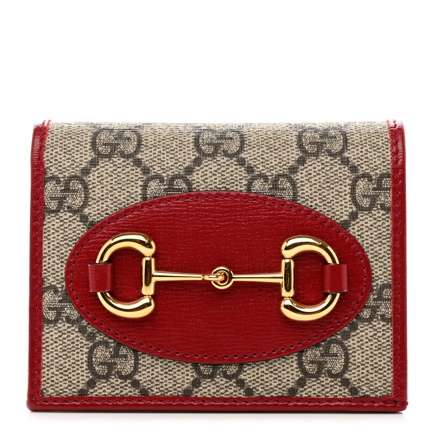 GG Supreme Monogram Azalea Calfskin Horsebit 1955 Card Case Wallet Beige Ebony New Cherry Red