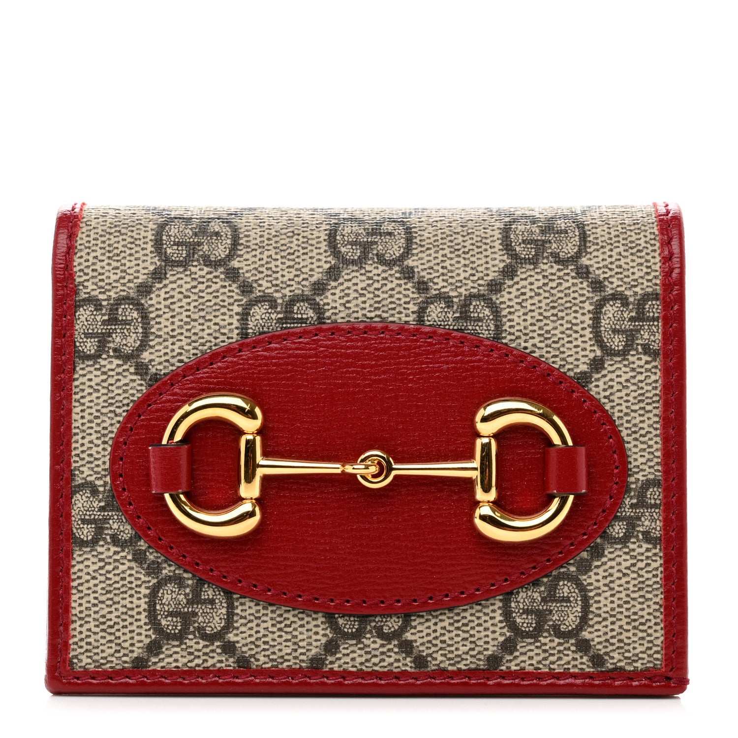 Gucci GG Supreme Monogram Azalea Calfskin Horsebit 1955 Card Case Wallet Beige Ebony New Cherry Red 1 of 7
