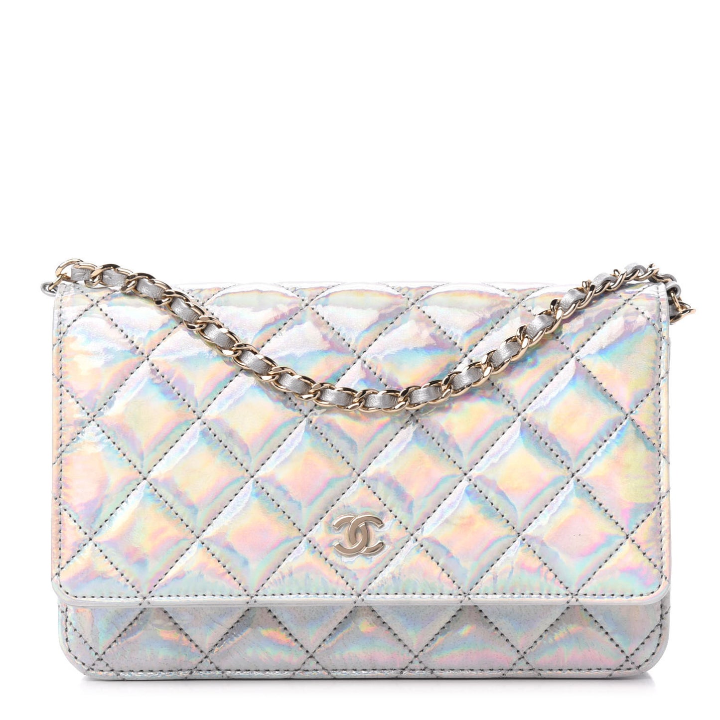 Iridescent Goatskin Quilted Wallet On Chain WOC Silver