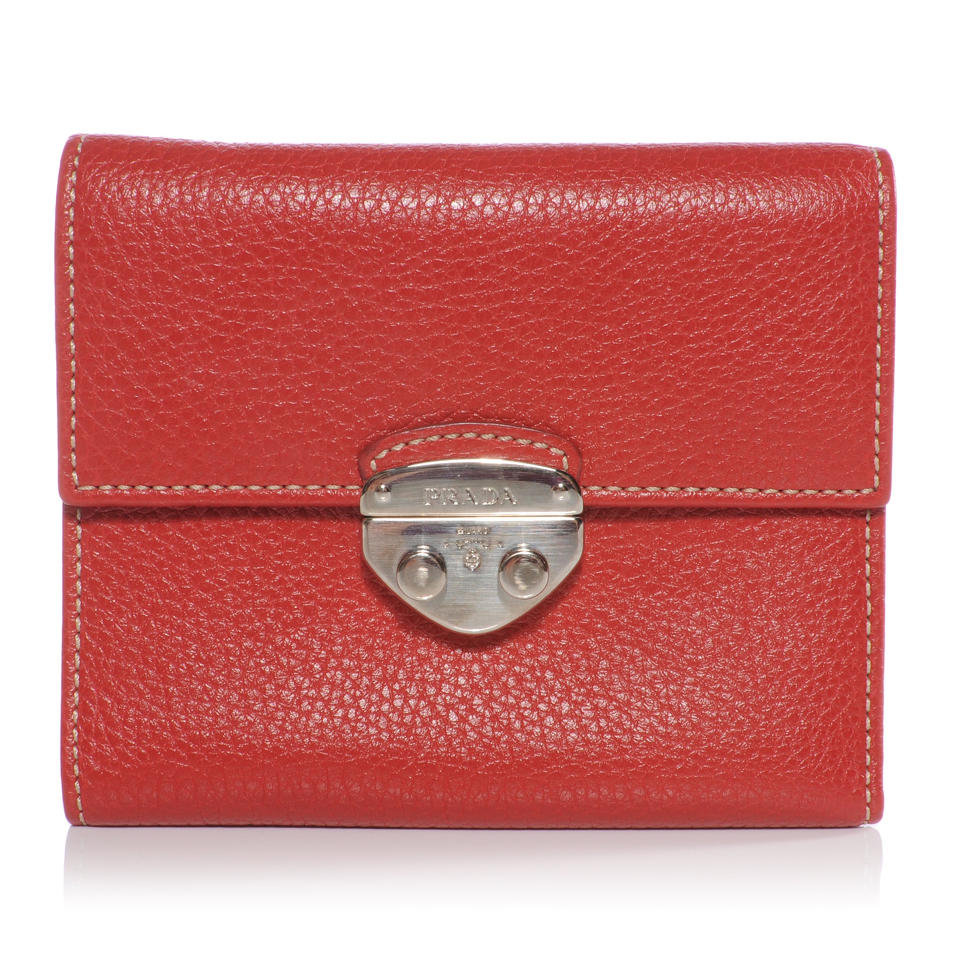 Prada Vitello Daino Compact Push Lock Wallet Rosso 1 of 8