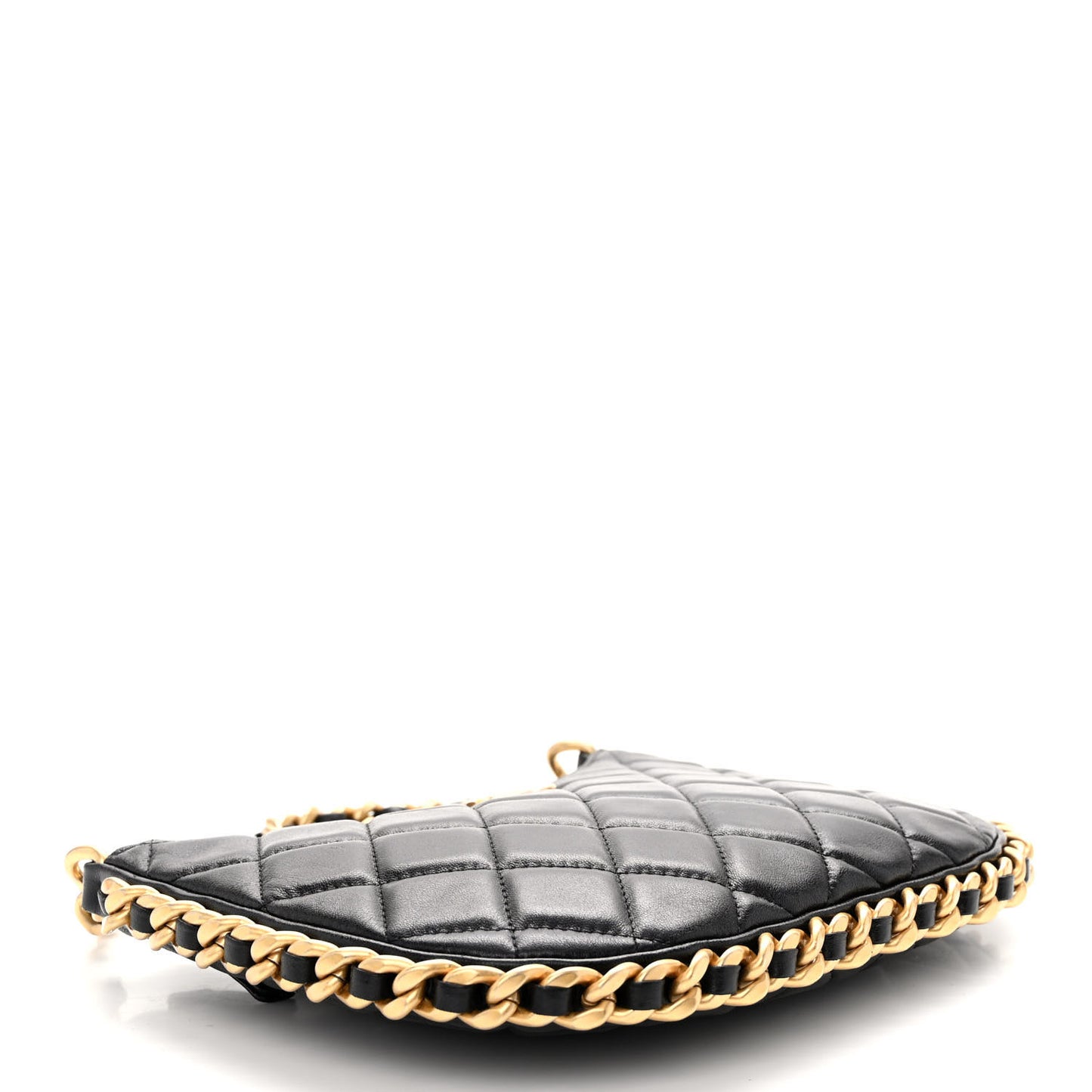 Shiny Crumpled Lambskin Quilted Trendy Chain Around Hobo Black