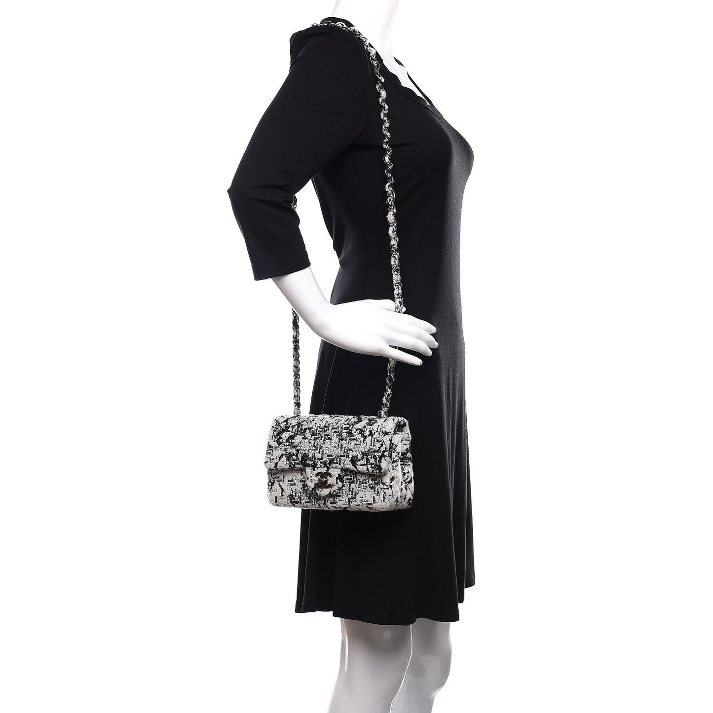 Tweed Patent Woven Mini Rectangular Flap Ecru Black