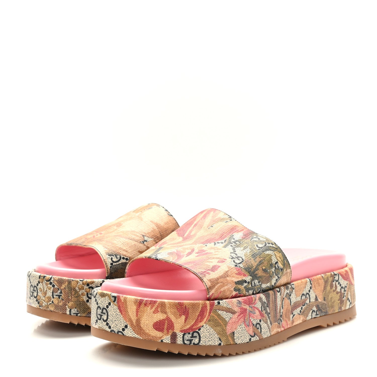 Gucci GG Supreme Monogram Water Flora Angelina Platform Slide Sandals 39 Beige Blue Multicolor 3 of 8