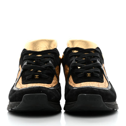 Chanel Metallic Fabric Suede Calfskin Crocodile Embossed Mens CC Sneakers 43 Black Gold 2 of 9