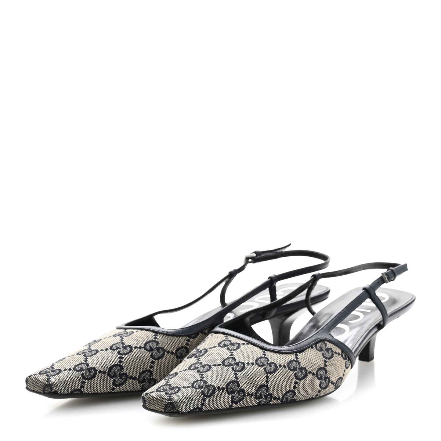 GG Monogram Malaga Kid Square G 35mm Slingback Pumps 40 Beige Blue