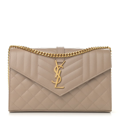 Saint Laurent Grain De Poudre Mixed Matelasse Triquilt Monogram Chain Wallet Dark Beige 1 of 11