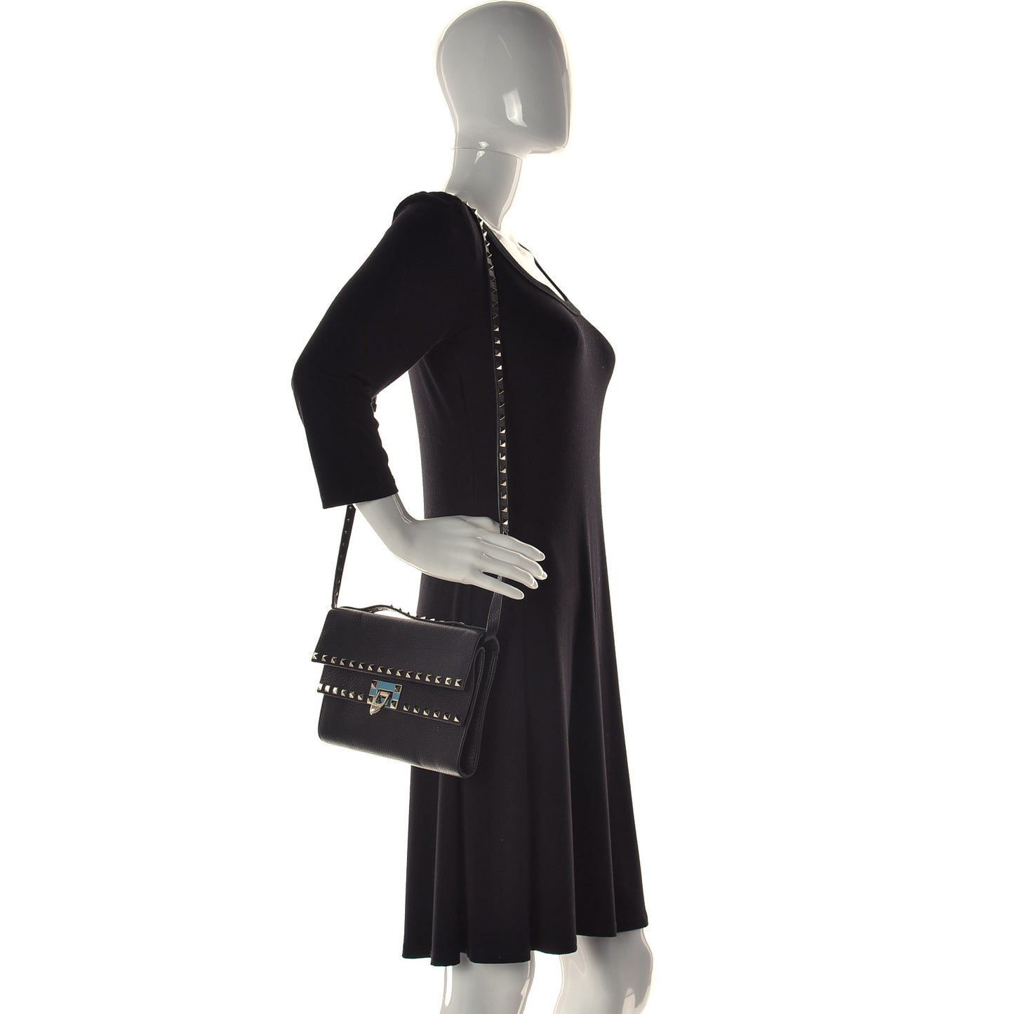Grainy Calfskin Rockstud Double Flap Crossbody Bag Black