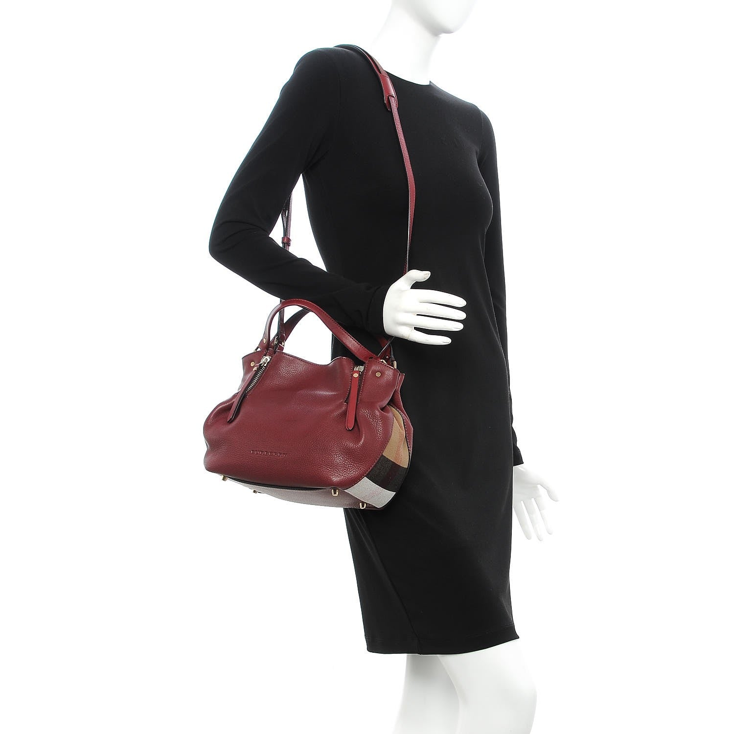 Burberry Grainy Calfskin House Check Small Maidstone Burgundy Red 2 of 11
