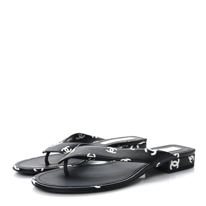 Chanel Lambskin Printed CC Thong Sandals 39 Black White 3 of 7