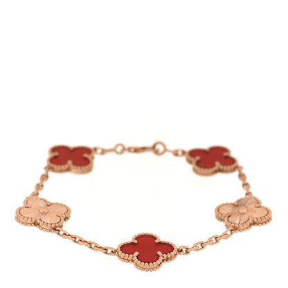 Van Cleef & Arpels 18K Rose Gold Carnelian 5 Motifs Guilloche Vintage Alhambra Bracelet 1 of 3
