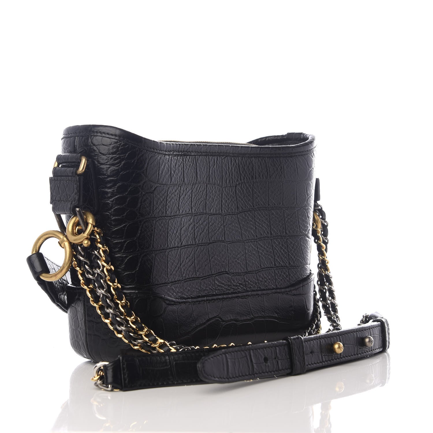 Chanel Calfskin Crocodile Embossed Small Gabrielle Cocodile Hobo Black 4 of 11
