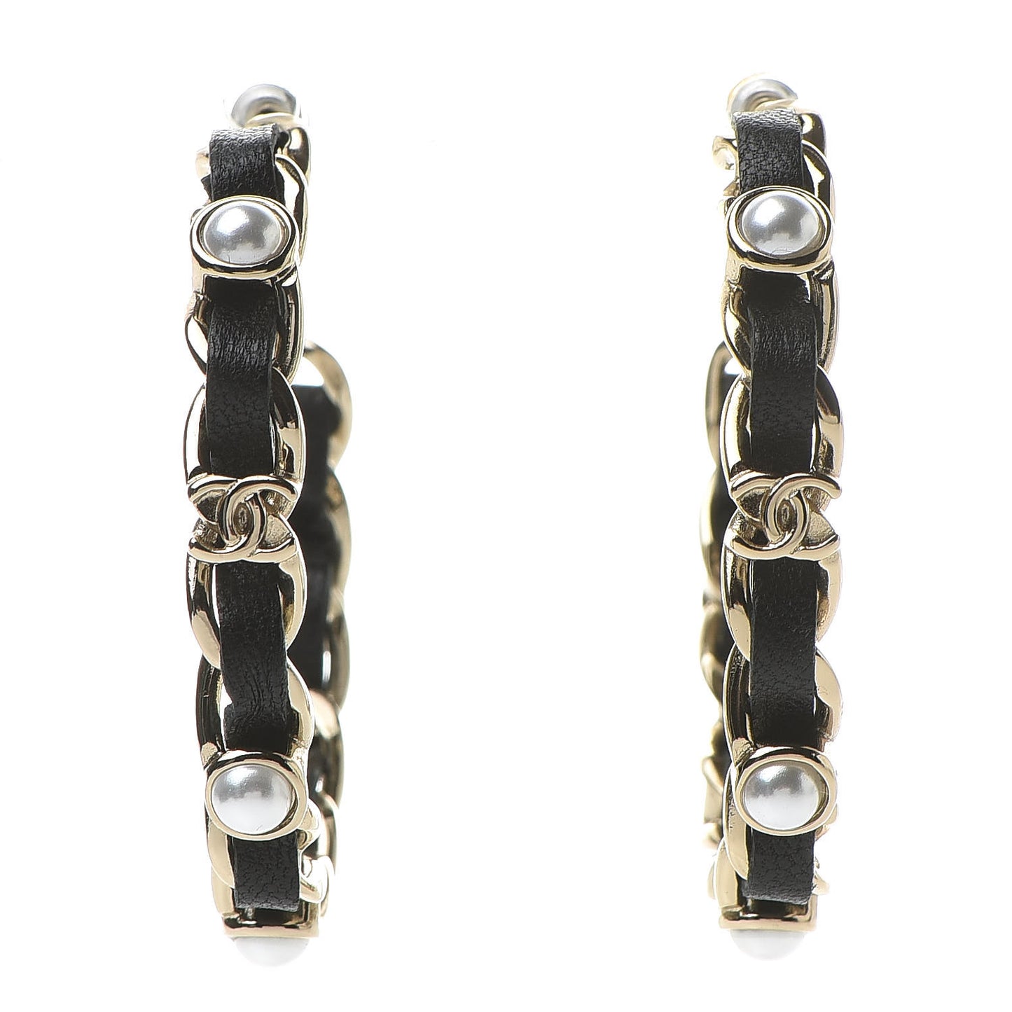 Lambskin Pearl CC Chain Hoop Earrings Gold Black