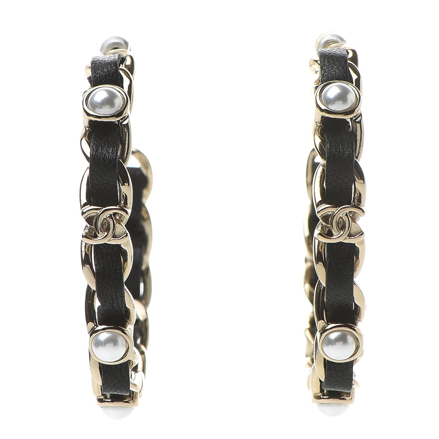 Chanel Lambskin Pearl CC Chain Hoop Earrings Gold Black 1 of 5