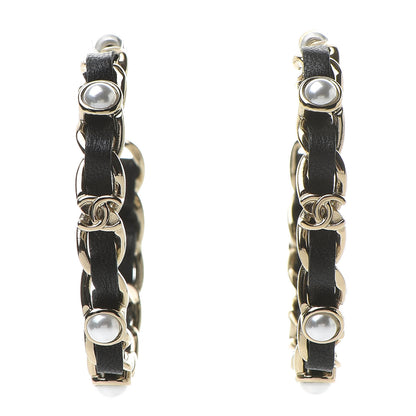 Chanel Lambskin Pearl CC Chain Hoop Earrings Gold Black 1 of 5