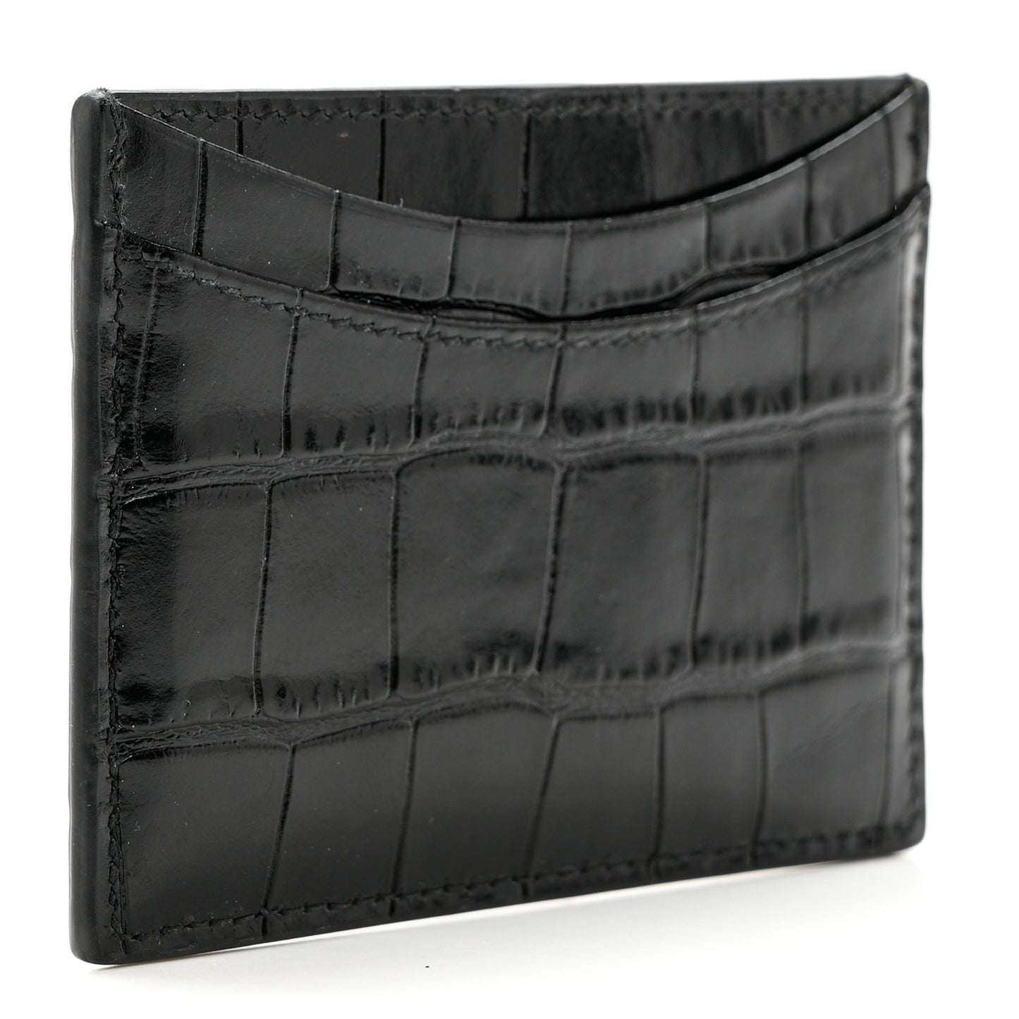 Shiny Calfskin Monochrome Crocodile Embossed Hourglass Card Holder Black