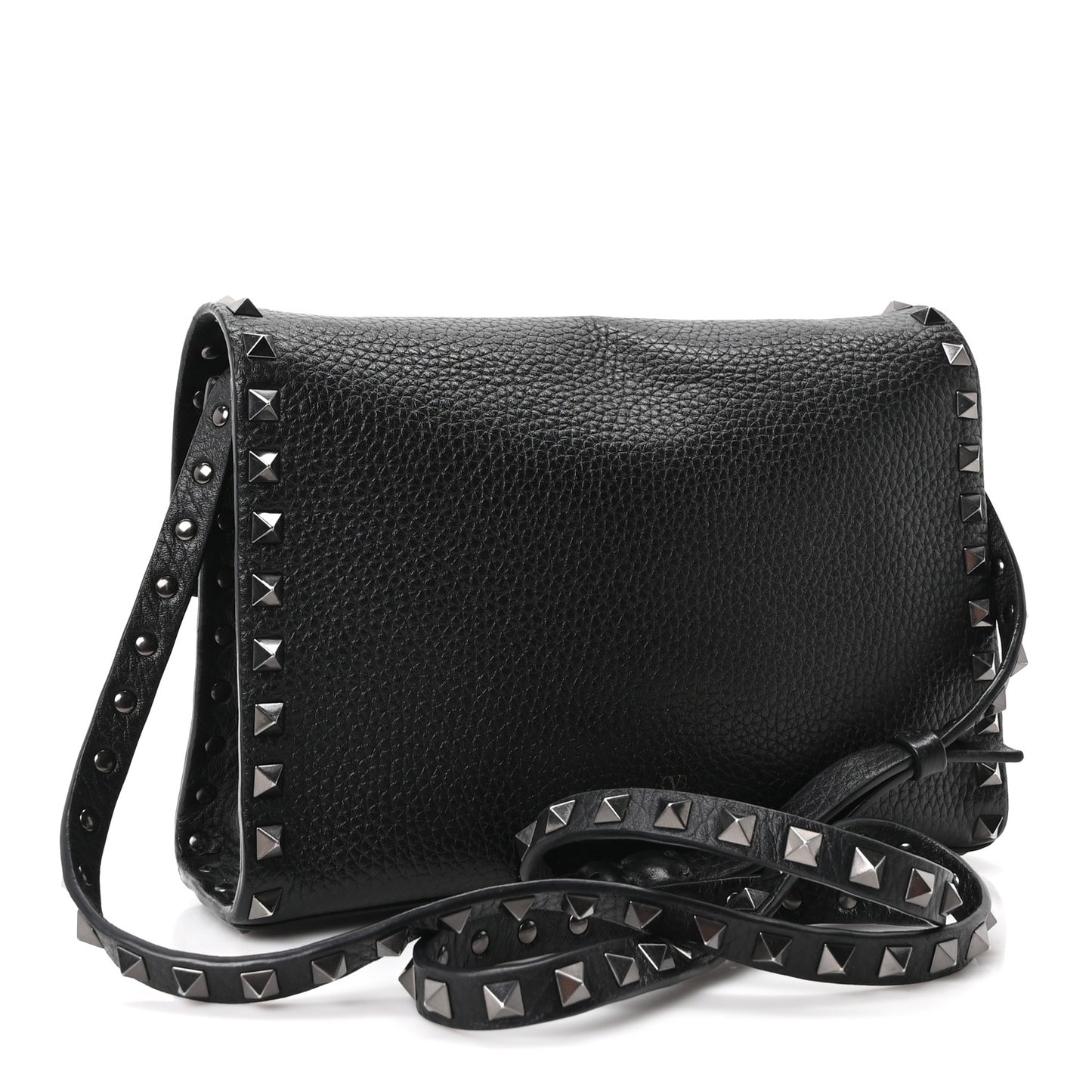 Pebbled Calfskin Monochrome Medium Rockstud Flip Lock Crossbody Bag Black